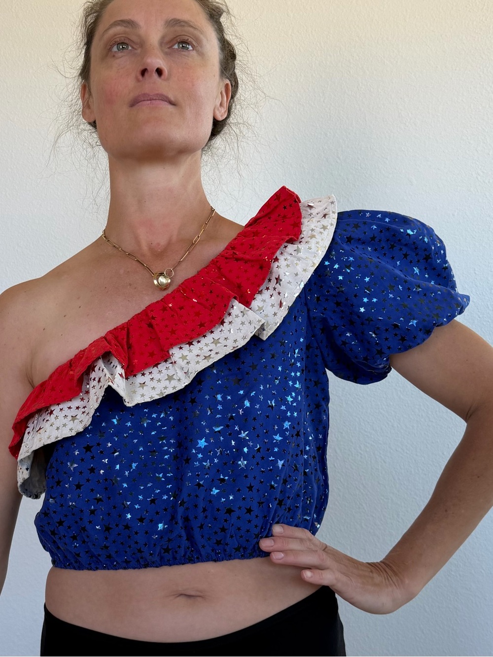 QUEEN OF SPARKLES Patriotic One-Shoulder Red White and Blue Star Crop Top